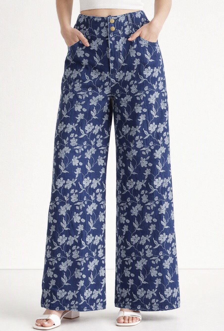 The Korner High Rise Floral Print Wide Leg Jeans Blue 2